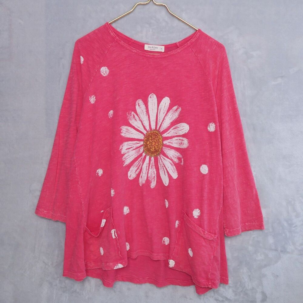 JESS & JANE Raspberry Pink Happy Days Tunic Top Size M Slub Cotton Patch Pockets